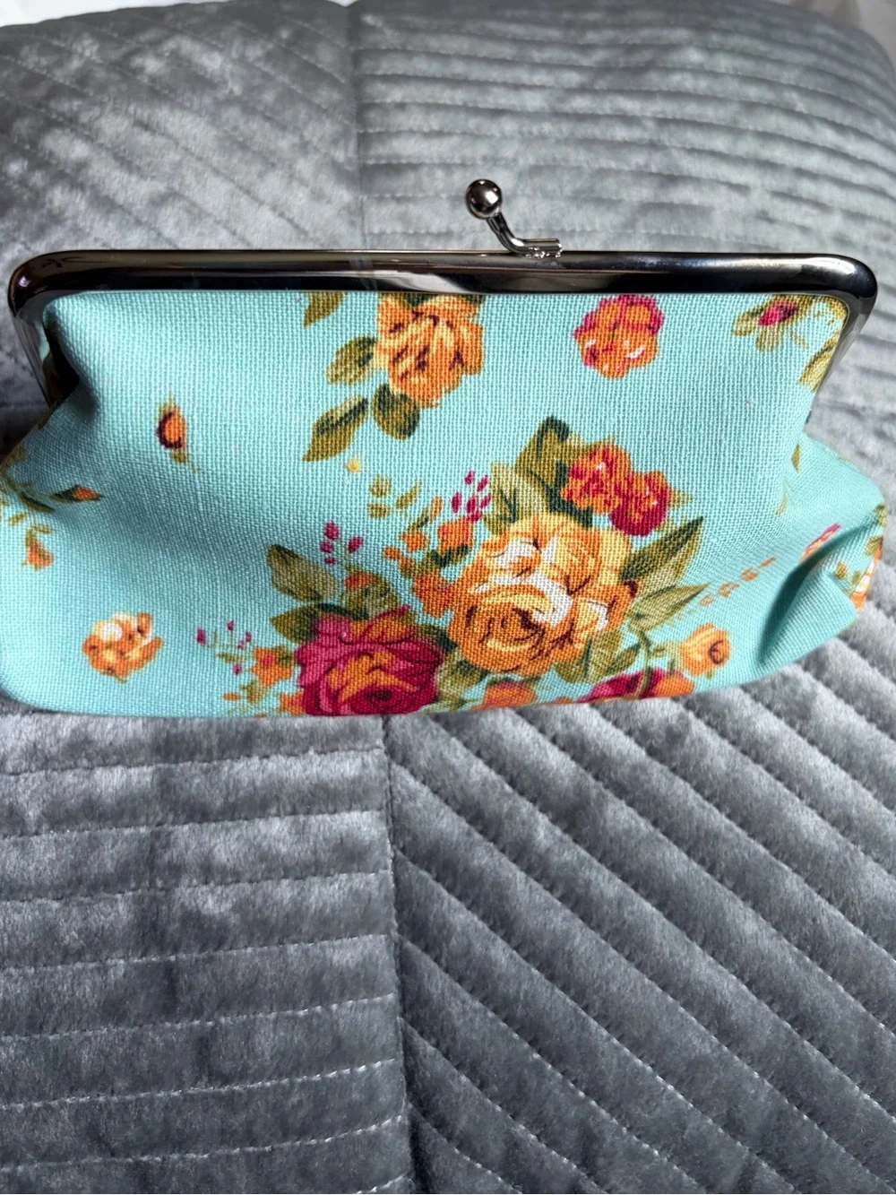 Floral Kiss-Lock Clutch Bag in Aqua